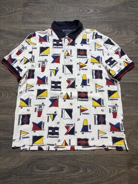 Nautica XL Polo Shirt Nautical Flag Classic Fit White Marine Club Sailing Team